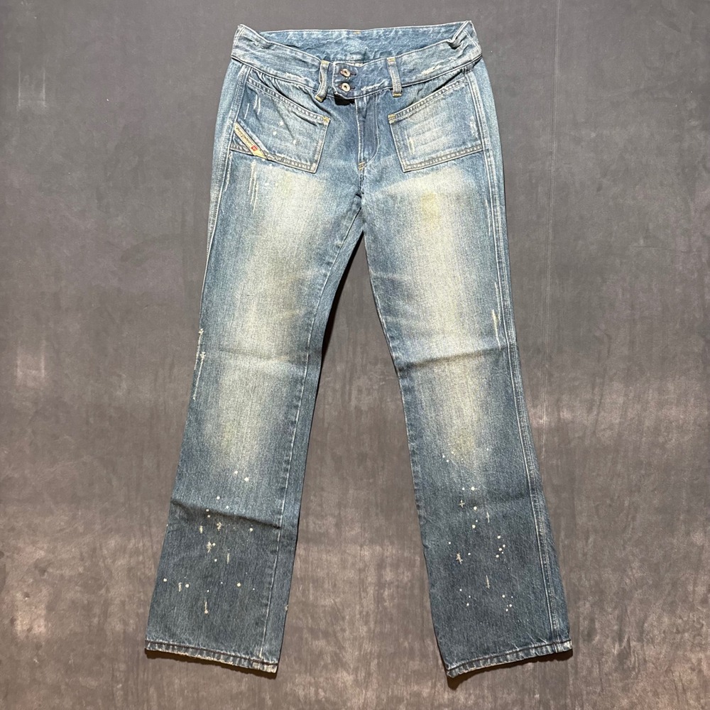 Diesel Jeans Women 29 Blue Paint Splatter Distressed Low Rise Bootcut Boot Y2k